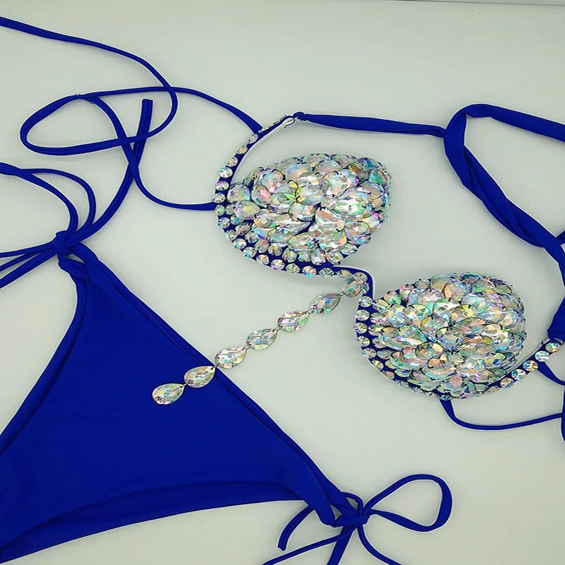 New Tassels Bikini Set Rhinestone Swimwear Diamond Swimsuit Bandage Bathing Suit Bling Stones Beachwear