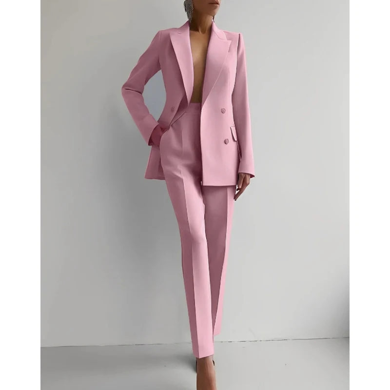 Boutique HOT SALE New Italian Fashion S-2XL 8 Colors Casual Career Double Breasted Long Sleeve Suit Jacket Long Pants Women's Luxury Blazer Top Quality Office Lady Business Dinner Suit Ladies Clothing Supplies.