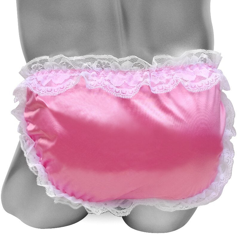 Frilly Lace Sissy Satin Panties Crotchless For Mens Briefs Underwear Funny Fashion Shiny Sexy Lingerie Crossdressing Panities