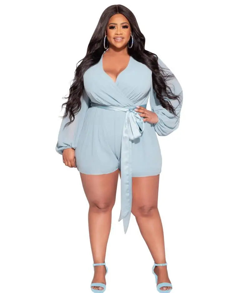 HEY BIG GIRLS... XL-5XL Plus Size Autumn Spring Curvy Women Breathable Casual Loose Fit Solid Color Chiffon Sexy Short Above Knee Romper with Belt Women Extra Large Clothing Supplies