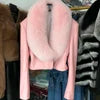 Genuine Sheepskin Real Leather Fox Real Fur Jacket Pure White/Black/Dark Brown/Pink Color Long Sleeve Premium Women Leather Jacket with Natural Fox Fur Collar Autumn Winter Girls Clothes