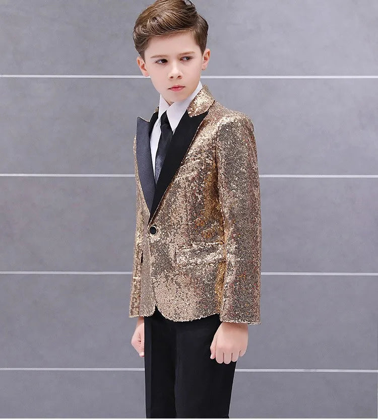 4 PCS Set 5 Colors Boys Formal Wedding Guest Suit Kids  Luxury Jacket Shirt Pants Tie Party Blazer Children Piano Performance Ceremony Costume Birthday Evening Party Children Luxury Apparel Supplies