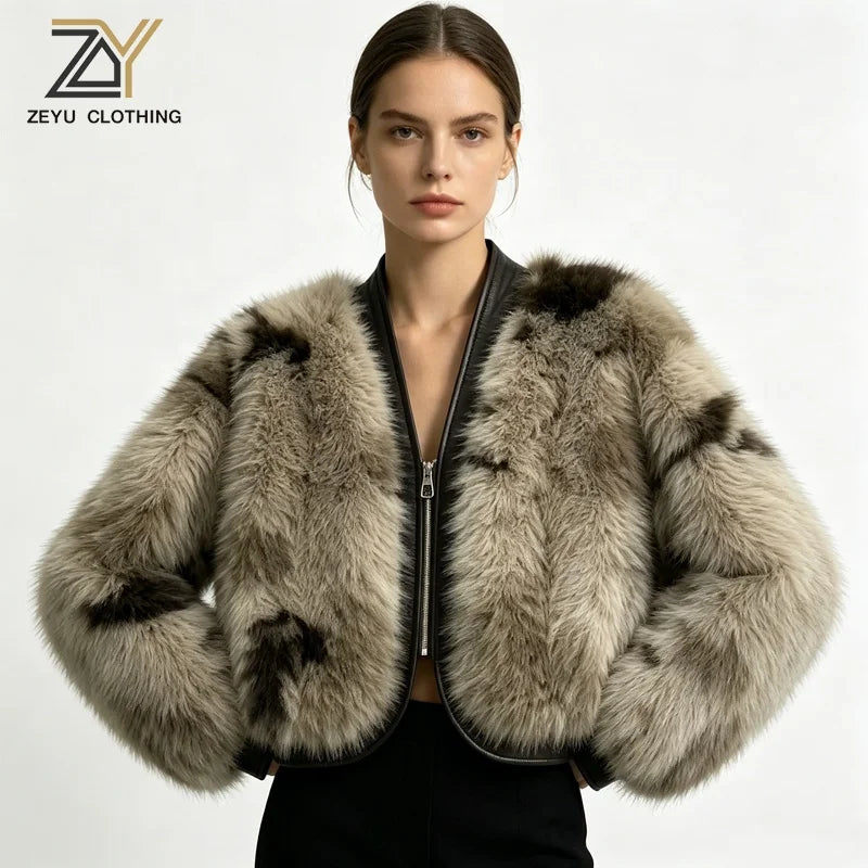 NEW Arrivals Women's Faux Fox Fur Bomber Jacket PU Leather Trim Short Cropped Winter Warm Fluffy Coat Casual Outerwear Women's Faux Fur Coats