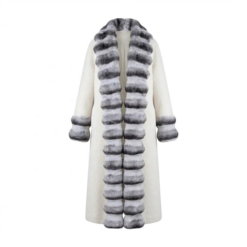 Black/White Color Luxury Women Winter Full Length Faux Fur Coat Elegant Chinchilla Fur Collar Warm Long Overcoat Eco Women's Faux Fur Outerwear Coats Ladies Winter Apparel Supplies