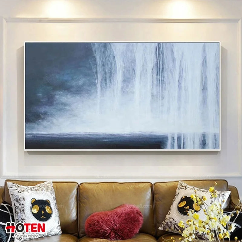 100+% Pure Hand-Painted Home Villa Living Room Original Black and White Abstract Waterfall Oil Painting on Canvas Banner Elegant Seascape Decorative Art Creative Home Gallery Products