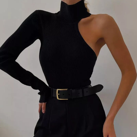 Yimunancy One Shoulder Kintted Bodysuit Women Turtleneck Black Bodysuit Ladies Skinny Bodysuit Body Femme