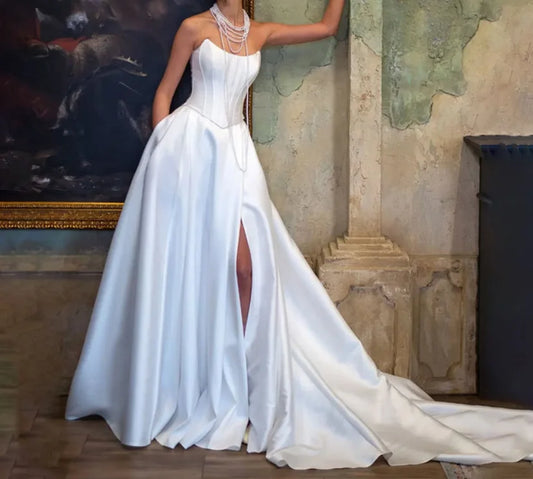 New Arrivals White/Ivory Color Plus Size French Minimalist Chic Women's Elegant Strapless Satin A-Line Slit Sexy Sweep Train Wedding Dress Evening Wedding Party Prom Luxury Wedding Gown