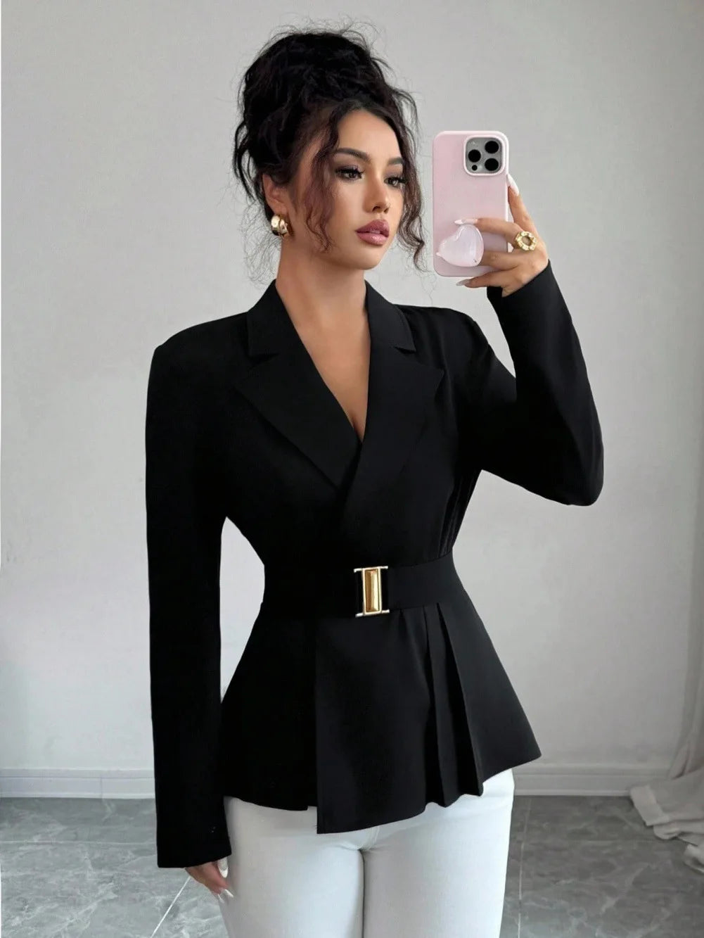 New Italian Fashion  Autumn Spring Women's Elegant Business-Casual Solid Anti-Wrinkle Hand Embroidery Long-Sleeve Black Coat for Cross-Border Clothes Blazer Jackets Ladies Luxury Apparel Accessories