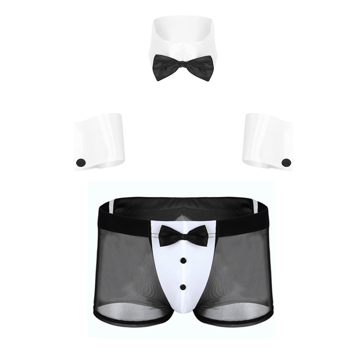 Men Erotic Tuxedo Uniform Waiter Sexy Halloween Role Play Costume Outfit Cute Briefs With Bowknot Collar Cuff Sissy Lingerie Set