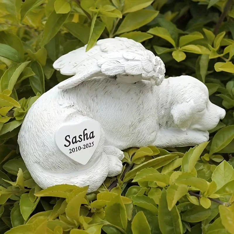 White Angel Dog Memorial Resin Commemorative Figurine Handmade Realistic Texture Engraved Words Gentle Resting Pose Indoor Outdoor Garden Lawn Courtyard Pets Memorial Supplies