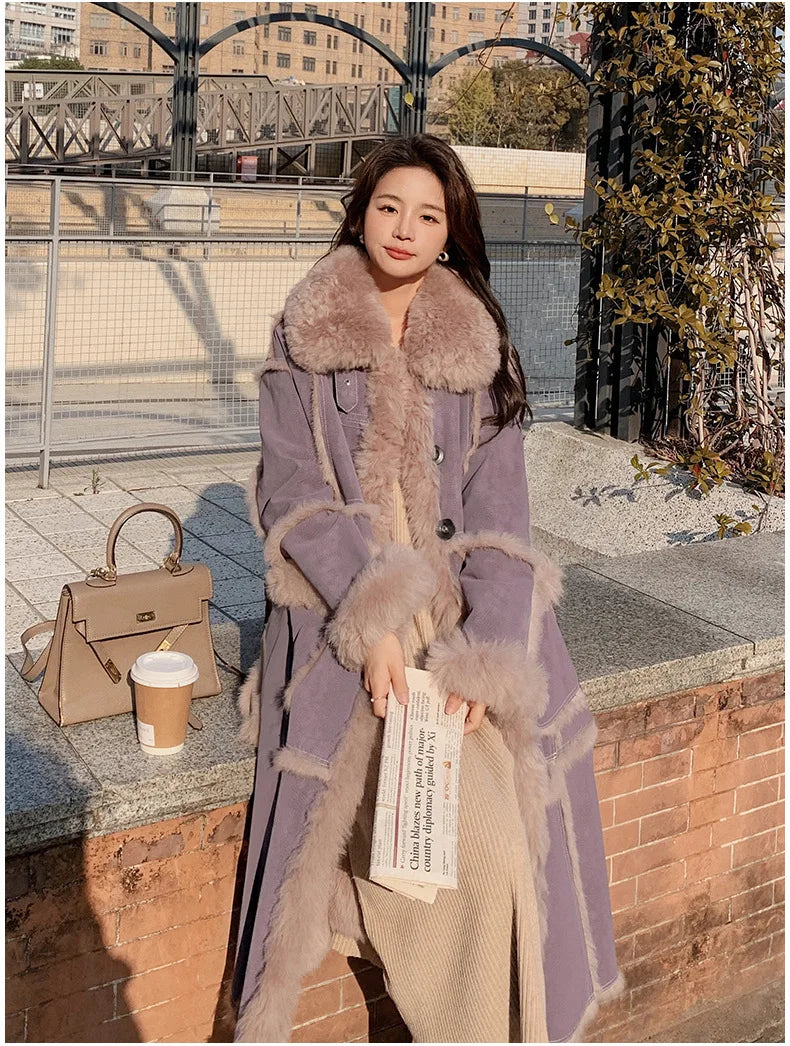 HOT SALE Dark Gray/Purple Color Winter New Women's Top Quality Windbreaker Long Coat  Faux Fur Lined Lamb Wool Puffer Jacket Outerwear Coat Women Winter Clothing Supplies