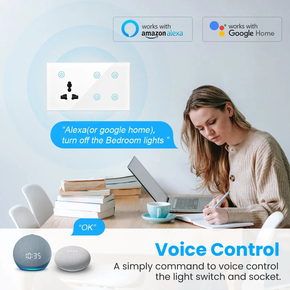 Smart WI-FI 4Gang Black/White Color Socket Touch Switch With 3Pn Electrical Multi Function Wall Mounted with Alexa Voice Google Work Home Lighting Supplies