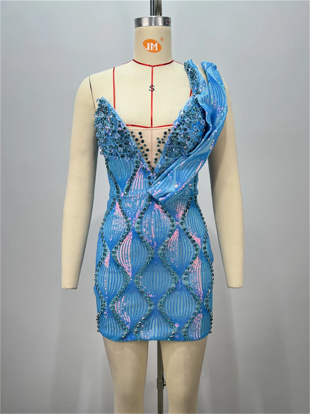 Boutique Gala HOT SALE Top Quality Mini Hand Beading Celebrity Sky Blue Night Clubwear  Evening Prom Party Sequins Sexy Prom Runway Dress Ladies Luxury Apparel Supplies
