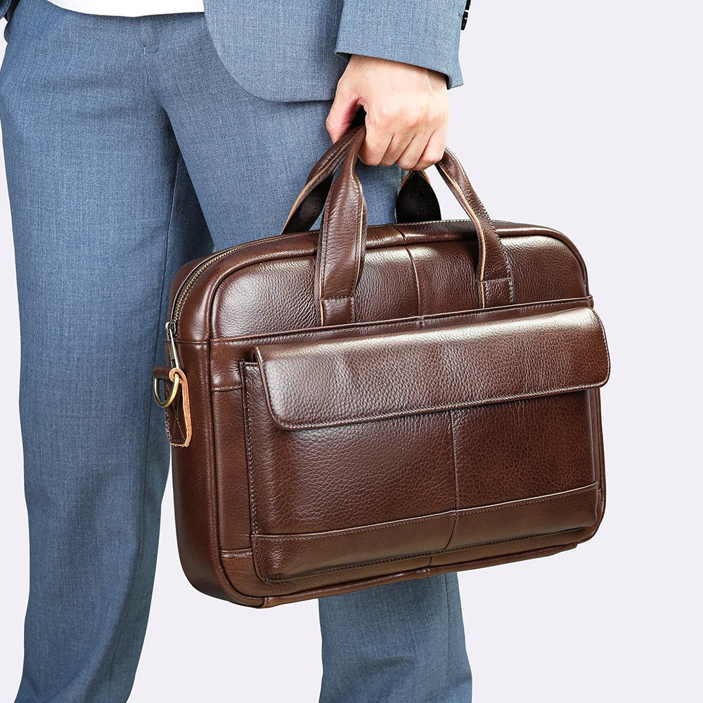Real Leather Top Quality Vintage Waterproof Genuine Leather Business Office Briefcase Men's 14 Inch Laptop Messenger Bag