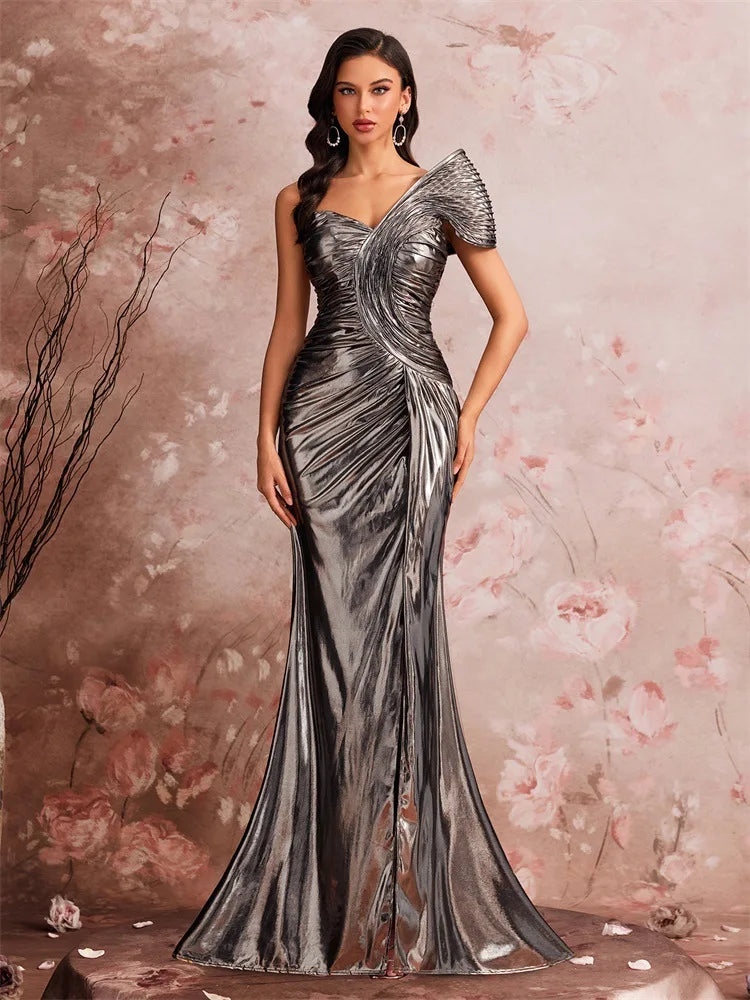 Mother of  Bride Luxury Gowns S-2XL for Women Evening Wedding Guest Party Dresses Elegant Floor-Length One-Shoulder Slit Pleated Mermaid Formal Party Dresses Ladies Luxury Apparel Supplies
