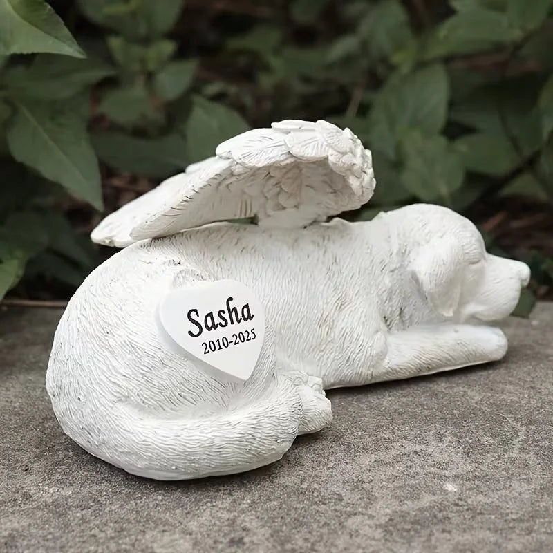 White Angel Dog Memorial Resin Commemorative Figurine Handmade Realistic Texture Engraved Words Gentle Resting Pose Indoor Outdoor Garden Lawn Courtyard Pets Memorial Supplies