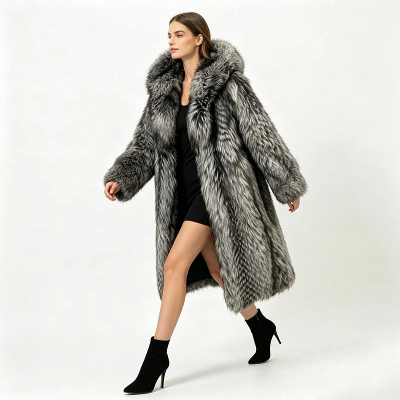 S-6XL Plus Size  Women Winter Silver Gray Hooded Faux Fur Top Quality Coats Full Length Oversized Thick Warm Fluffy Long Overcoat Snow Boots Outerwear Fur Jackets Ladies Luxury Jacket