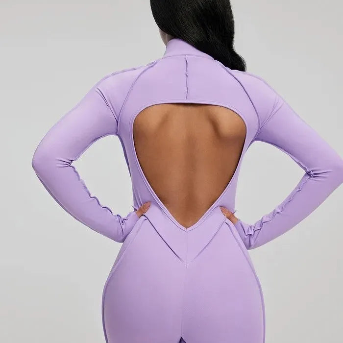 10 Colors S-XL NEW Arrivals Custom Zippered Front Women Long Sleeve Yoga Jumpsuit One Piece Workout Quick Dry Bodysuit Slim-Fit Bodysuit Backless Sports Rompers