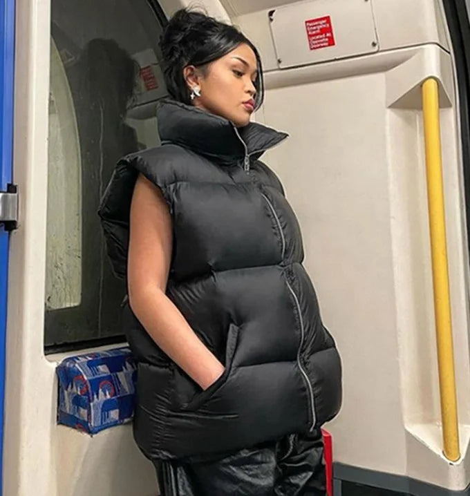 Black Color Winter Elegant Sleeveless Parkas Jacket Women Zip Up Puffer Vest Coats Turn Down Women Black Warm Faux Leather Outwear Tops  Warm Padded Vest Women Winter Apparel Accessories