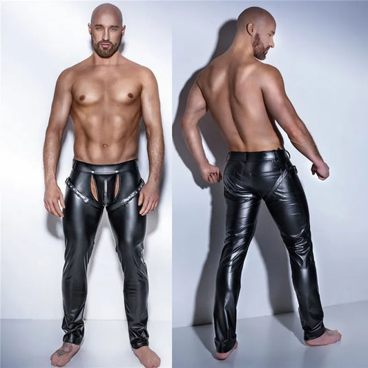 Erotic Men Faux PU Leather Pants Male Wetlook Latex Trousers Open Front Exotic Clubwear Gay Fetish PVC Pants Clubwear Costume