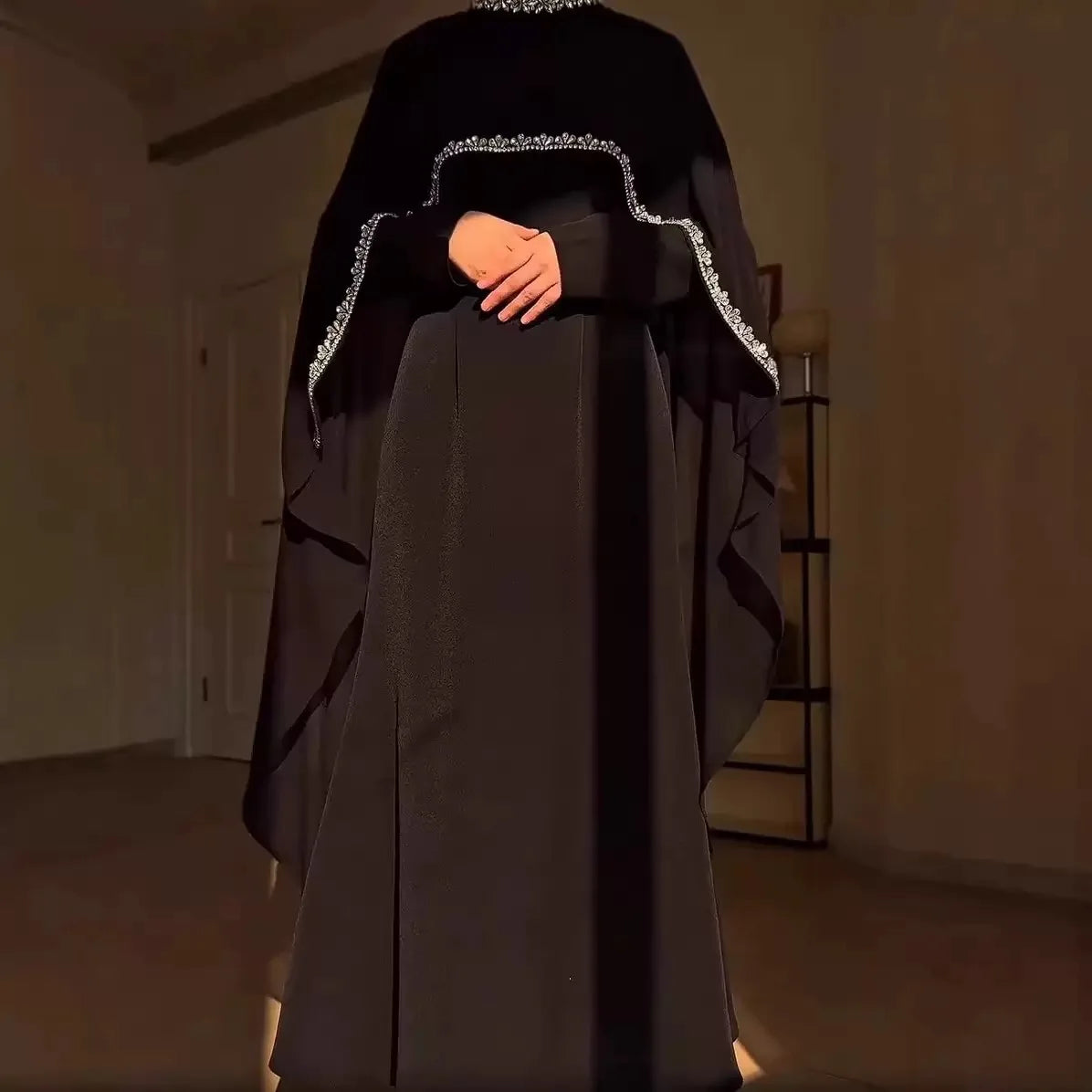 5 Colors Xs-2XL Plus Size Y20 Ramadan Eid Dubai Kaftan Islam Luxury Handmade Shiny Wedding Guest  Party Dresses Rhinestone Neck Elegant Cape Muslim Women Winter Gowns