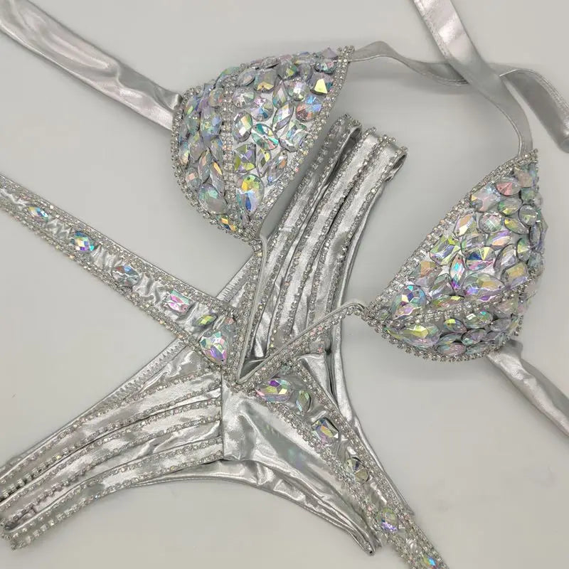 NEW!!!! V Collar Rhinestone Swimwear Diamond Bikini Set Push Up Swimsuit Bling Stones Bathing Suit