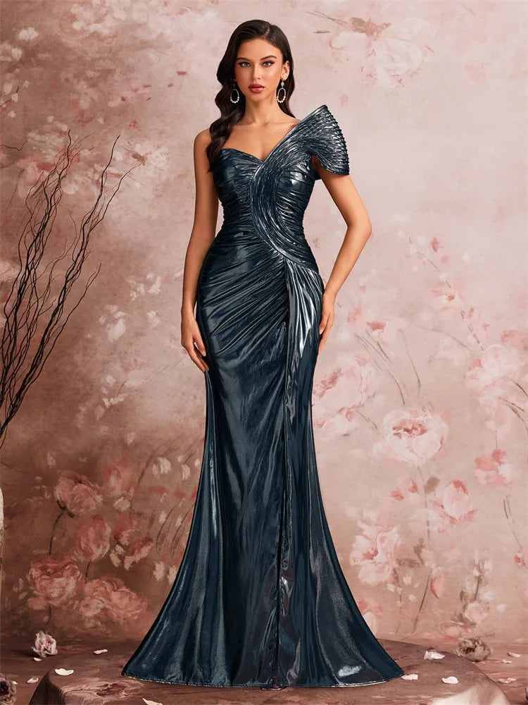 Mother of  Bride Luxury Gowns S-2XL for Women Evening Wedding Guest Party Dresses Elegant Floor-Length One-Shoulder Slit Pleated Mermaid Formal Party Dresses Ladies Luxury Apparel Supplies