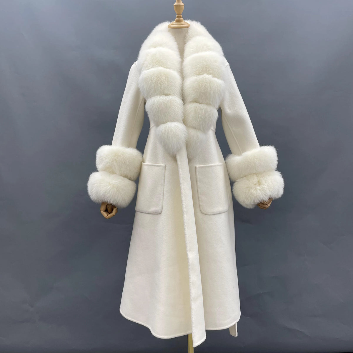 Boutique Gala HOT SALE 15 Colors Cashmere With Natural Real Fox Double Sided Sheep Wool Fur Coat With Real Fox Collar Winter Warm Custom Cashmere Outerwear Coat Evening Business Party Prom Celebrity Clothes