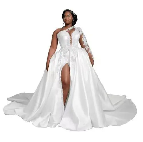 Boutique HOT SALE African Appliques One Shoulder Luxury  Wedding Dresses a Line Sexy Side Slit Bride Gowns Elegant Formal Woman's Wedding Dress Customized Bridal Gowns Women Luxury Apparel Supplies