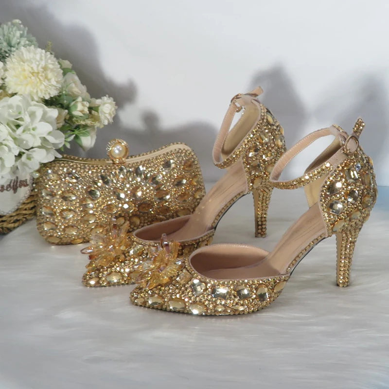 New  Golden crystal Bridals Wedding shoes with matching bags Rhinestone high heels ankle strap women party dress shoes