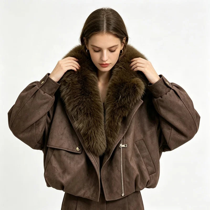 NEW Arrivals 4 Colors S-2XL Women's Autumn Winter Warm Brown Artificial Suede Biker Jacket Oversized Faux Fur Collar Asymmetric Zip Cropped Coat Women's Faux Fur Coats Winter Outerwear Coats