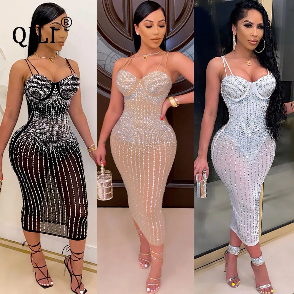 NEW Arrivals S-3XL UK Plus Size Chubby-Women's Sexy Spaghetti Strap Mesh Diamonds Dress, Sleeveless, See Through Rhinestone Dresses,  Evening Party Club Dress, Mid-Calf Ladies Luxury Fashion Apparel Supplies
