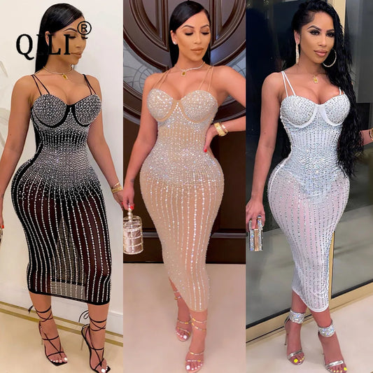 NEW Arrivals S-3XL UK Plus Size Chubby-Women's Sexy Spaghetti Strap Mesh Diamonds Dress, Sleeveless, See Through Rhinestone Dresses,  Evening Party Club Dress, Mid-Calf Ladies Luxury Fashion Apparel Supplies