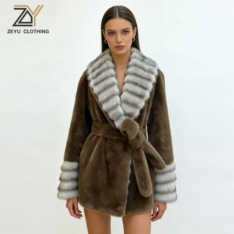 Black/Beige/Brown Color S-2XL Women's Premium Top Quality Artificial  Fur Coat Contrast Striped Wide Lapels Waist-Cinching Slim Fit Adjustable Waistline Eco-Friendly Thick Outerwear Jackets Ladies Luxury Clothing Supplies