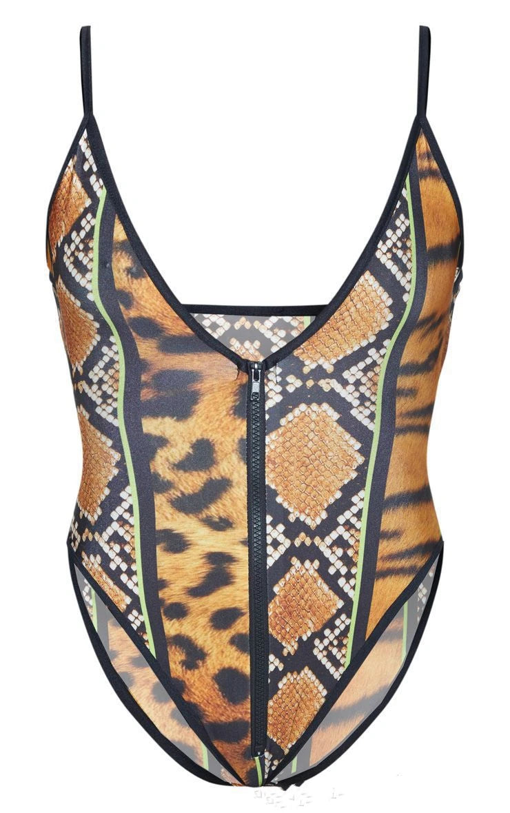 S - 5XL One Piece Swimsuit Sexy Leopard Snakeskin  Zipper Plus Size Swimwear Women Bodysuit Bathing Suit Swim Wear Bikini