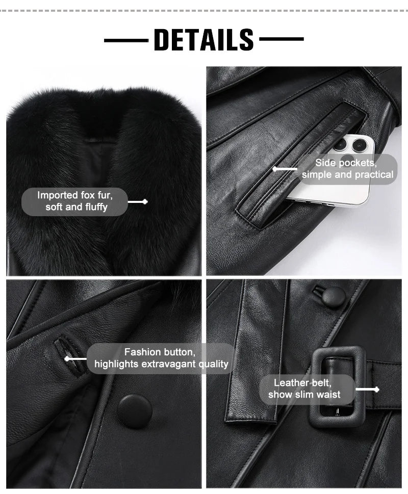 Boutique Gala HOT SALE ( Few Units Left) 8 Colors S-2XL Women's Top Quality Belted Black Real Sheepskin Leather Fur Coat Women Leather Jacket With Genuine Natural Fox Fur Collar Cuffs Ladies Winter Warm Outerwear Luxury Appar
