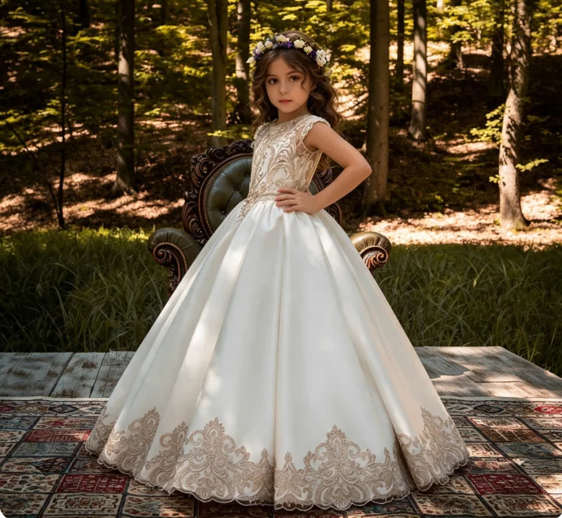 Ivory/Pink Color Girls Children Elegant Champagne Gold Lace Applique Girls Bridesmaid Wedding Party Dress First Communion Gown Ball Gown Kids Evening Birthday Wear Fille Luxury Gown
