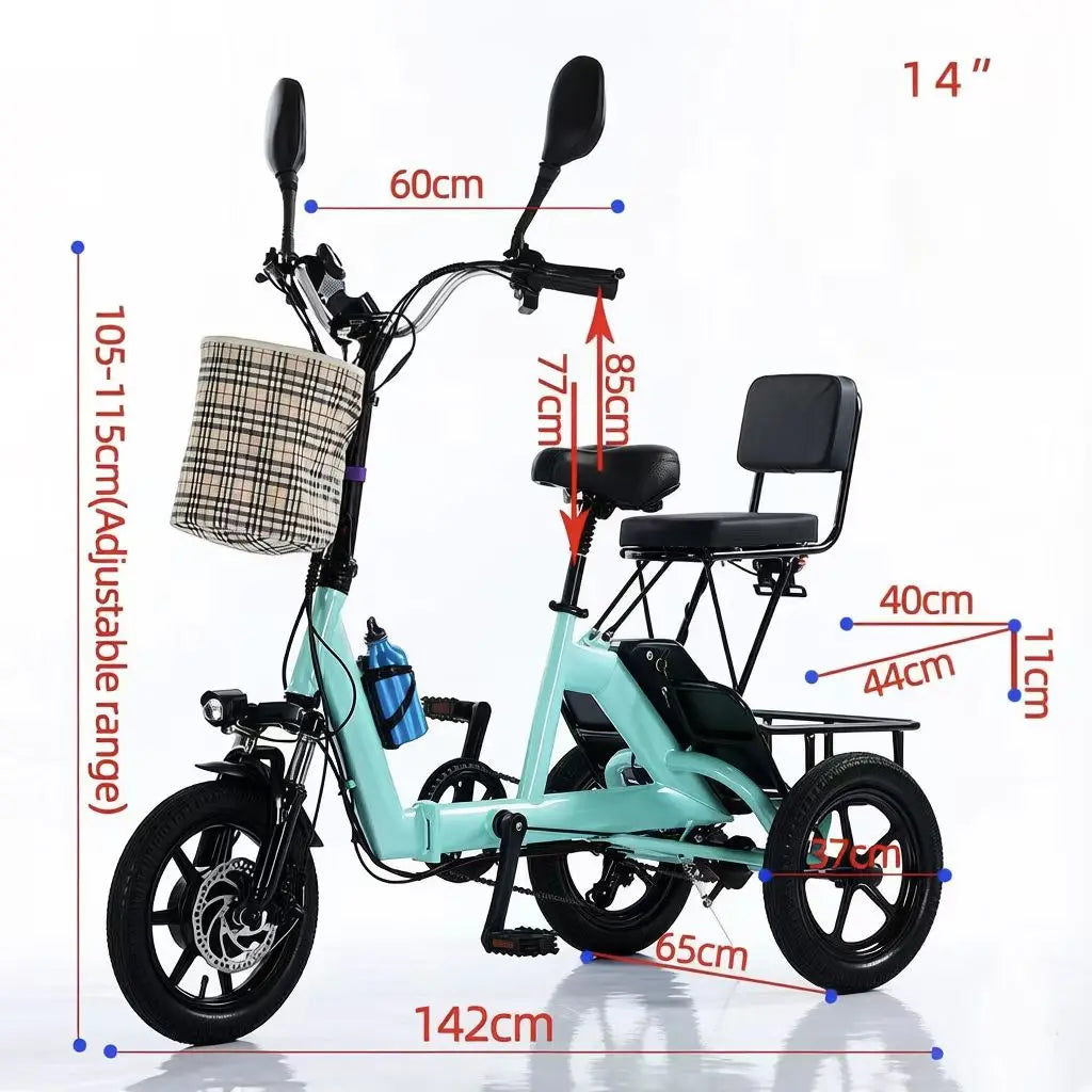 Parents and Child Blue/Yellow Color 14-inch Folding Electric Tricycle Adults Aluminum Frame Brushless Rear Hub Motor 7-Speed Gear Max Speed 25km Basket Lightweight Pedal-Assist