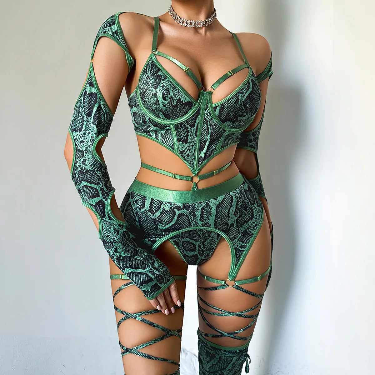 5 PCS Set Women's Sexy Hollow Out Snakeskin  Print Strappy Lingerie Cosplay  Costume  Underwire Bodysuit with Garters Shrug Stockings Sexy Lingerie Suit