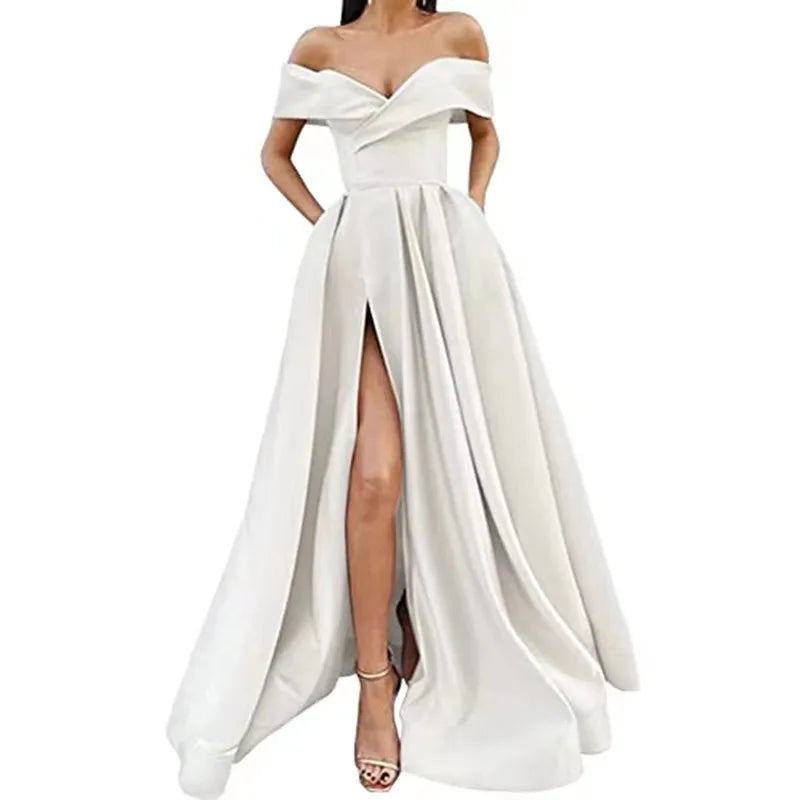 5 Colors Women Sexy V-Neck Evening Party Night Clubwear Long Maxi Dress Solid Elegant Sleeveless High Slit Dress Lady Fashion Off Shoulder Pleated Gown Ladies Sexy Apparel Supplies