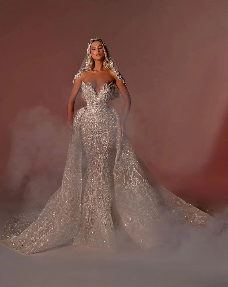 Boutique HOT SALE Top Luxury Mermaid Champagne Wedding Dresses for Women Sweetheart Neck Sleeveless Bridal Gown Sweep Train Crystal Sequins Skirt Ladies Luxury Clothing Supplies