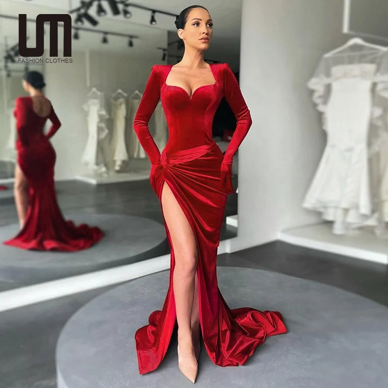 Boutique Gala HOT SALE Black/Blue/Pink/Green/ Red Color Luxury Velvet Evening Party Women Celebrities Red Carpet Wedding Guest Sexy V-Neck Long Sleeve Sweep Train Velvet Gown, Business Dinner Prom Ladies Luxury Apparel Suppli
