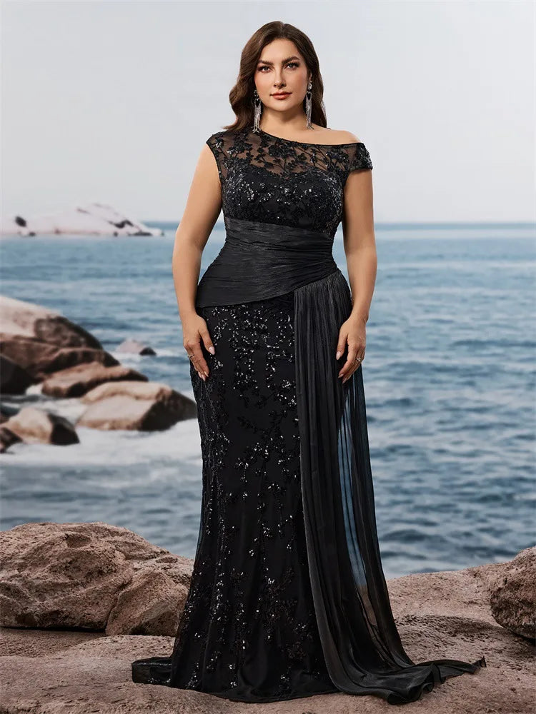 NEW Arrivals 5 Colors XL-4XL Plus Size Trendy Gowns for Curvy Ladies  Evening Party Wedding Guest Luxury Dresses High Waist One-Shoulder Sequined Elegant Mermaid Bridesmaid Dresses