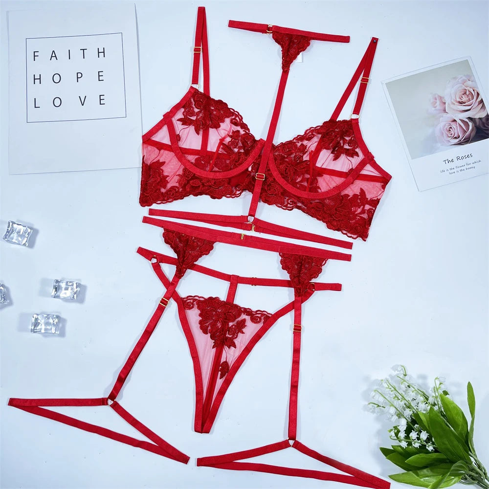 Sexy Lingerie Thin Lace Embroidered Underwire Bra Hanging Neck Women's Erotic Underwear Garter Belt Thong 4-Piece Set