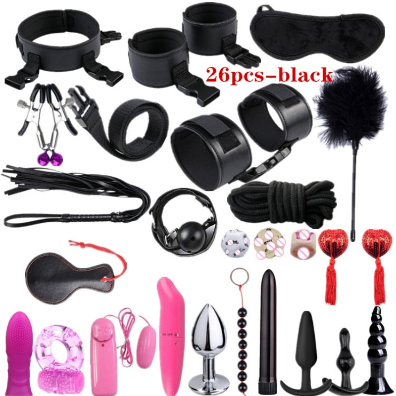 Adult leather plush bondage bundle set, gag, whip, butt plug, sex toys for women, nipple clips, erotic toys