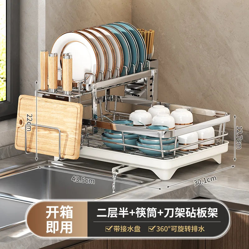 Double-Layer Stainless Steel Dishes Plates Storage Rack Kitchen Countertop Rustproof Folding Drain Rack Countertop Dryer Dish Organizer Kitchenware Supplies