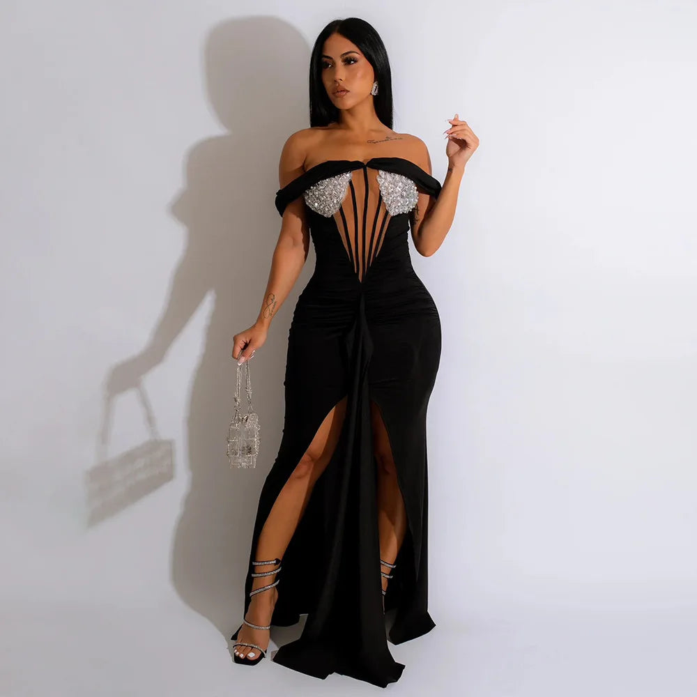 New S-2XL New Products  Elegant Sexy Women Clothing Off Shoulder Sequin Party Prom Irregular Evening Slit Maxi Dress