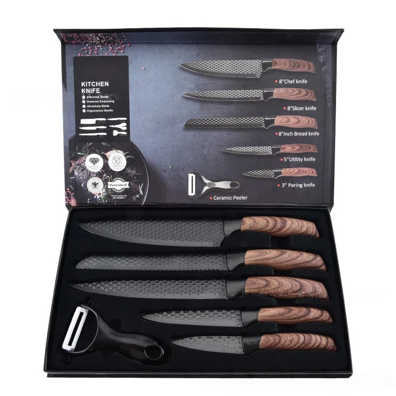 Top Quality NEW 6 PCS Japanese Set Stainless Steel Kitchen Knife Accessories Set Household Meat Cleaver Knife Gift Box Set Kitchenware Supplies for Outdoor Barbeque Camping