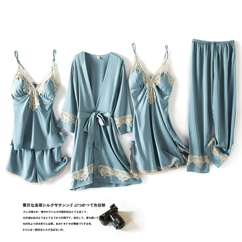 Low-Price Sales are Limited NEW Arrivals Summer 5 Pcs Set Women Pajamas Satin High Quality Sexy Leopard Sleepwear With Chest Pad Pajamas Suit Girls Ladies Luxury Fashion Lingerie Apparel Products