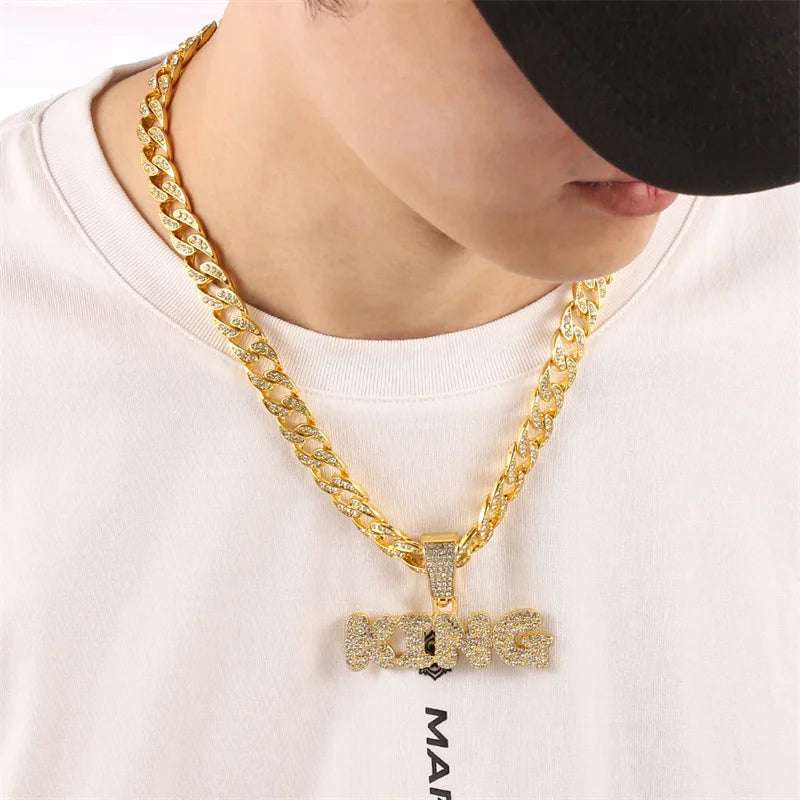 Rapper's Hip Hop KING Letters Pendant Necklace with Miami Cuban Chain Iced Out Bling Hip Hop Rave Rapper's Night Club Party Gangs Necklaces Male Charm Jewelry Gifts Accessories